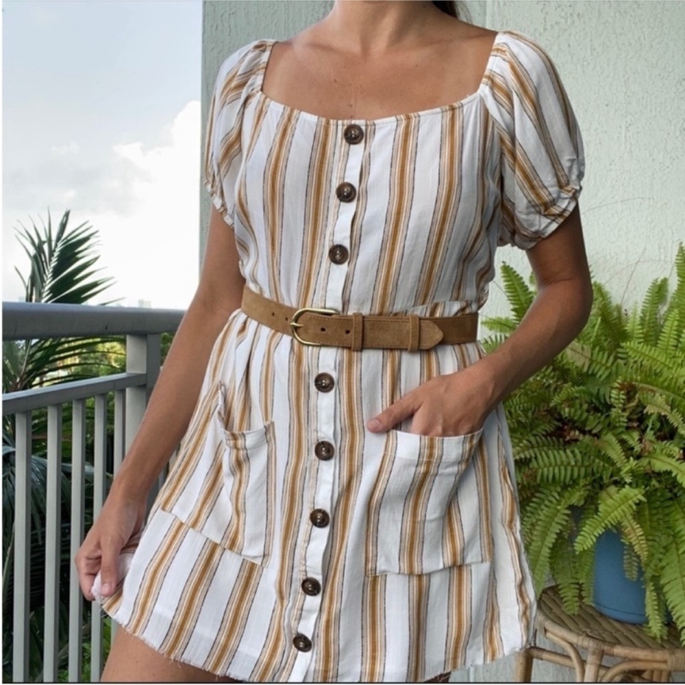 Lumiere Yellow White Stripe Button Dress M